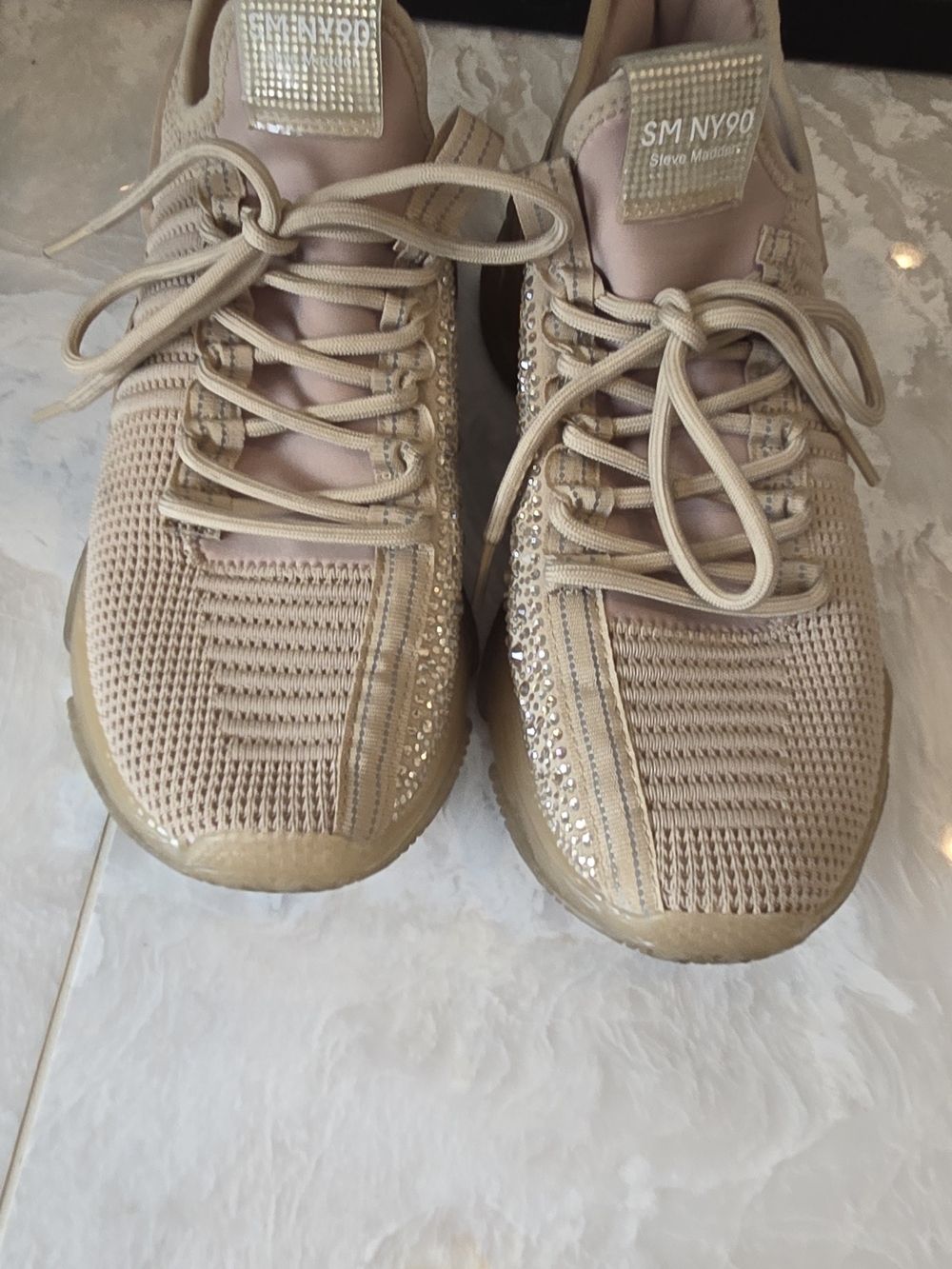 Maxima Beige Knit Sneaker with Rhinestone Trim By STEVE MADDEN
